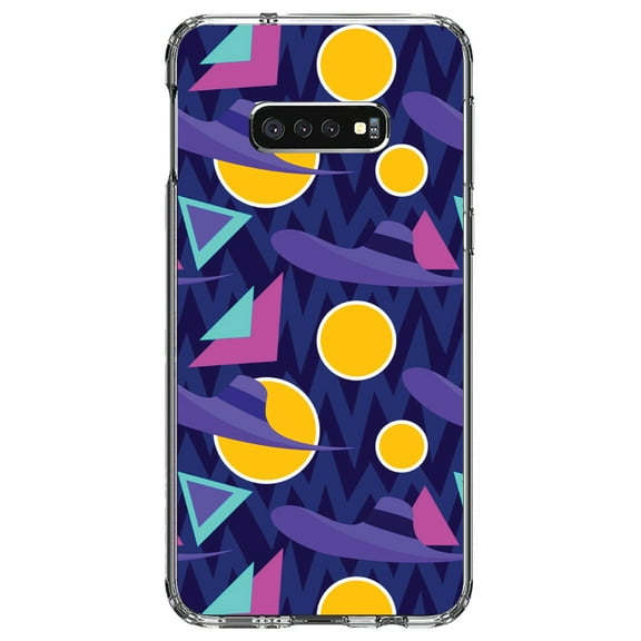 DistinctInk Clear Shockproof Hybrid Case for Samsung Galaxy S10e (5.8" Screen) - TPU Bumper, Acrylic Back, Tempered Glass Screen Protector - Pink Purple Yellow 90s Pattern - Relive the 90's