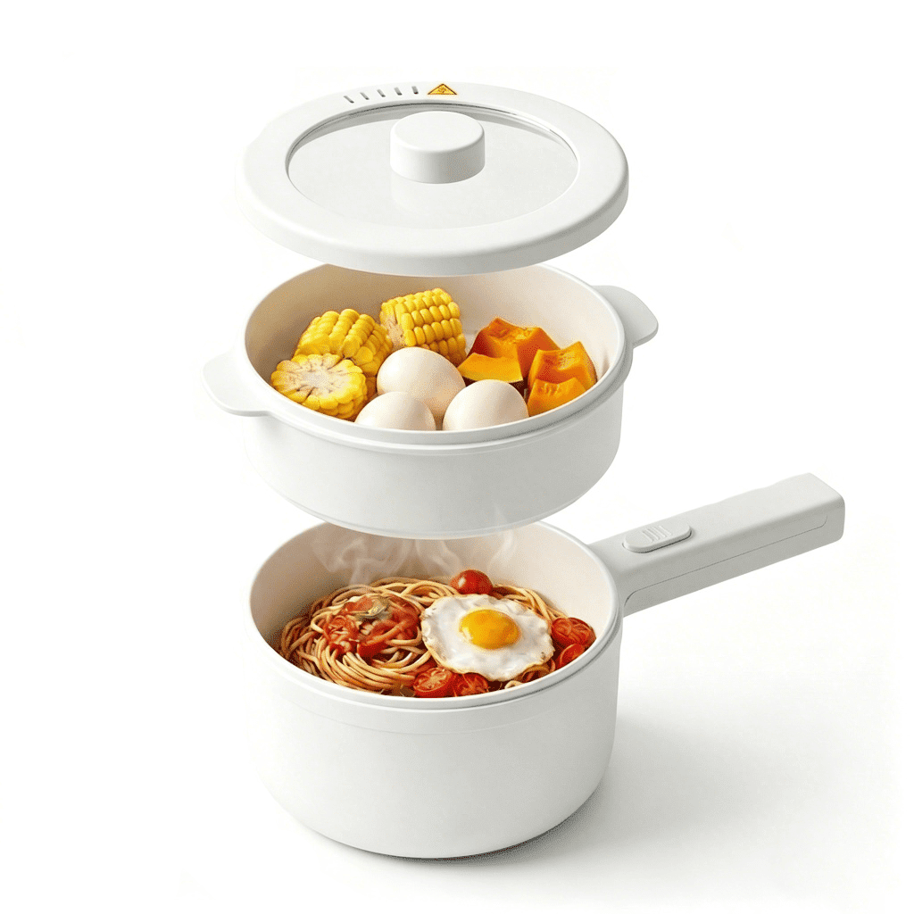 Electric Hot Pot, 2L Multifunctional Portable Nonstick Electric Pot with Lid and Steamer, 2 Setting Adjustable, Ideal for Steak, Fried Eggs and Noodles