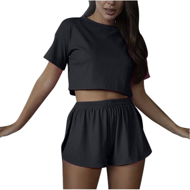 Yuyuzo Ensembles de Pyjama pour Femmes Deux Pièces Col Ras du Cou Manches Courtes Haut Court P Shorts Taille Haute Vêtements de Détente