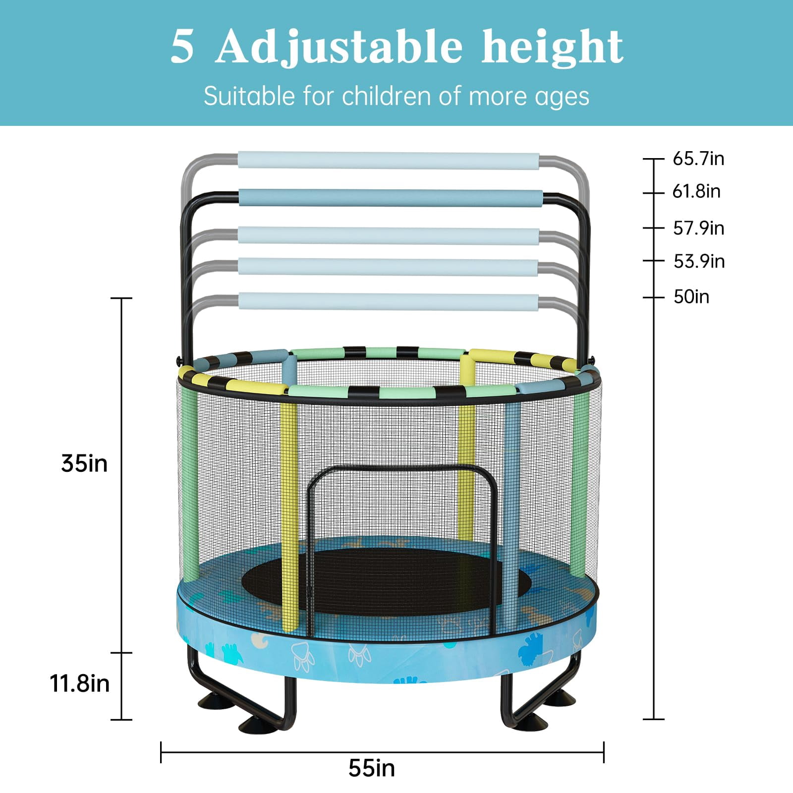 Baxluxe 55" Kids Trampoline with Safety Net, 7-in-1 Adjustable Height Design, 500lbs Weight Capacity for Indoor & Outdoor Use, Fun Mini Trampoline for Children Ages 3-8 Years Old, Blue
