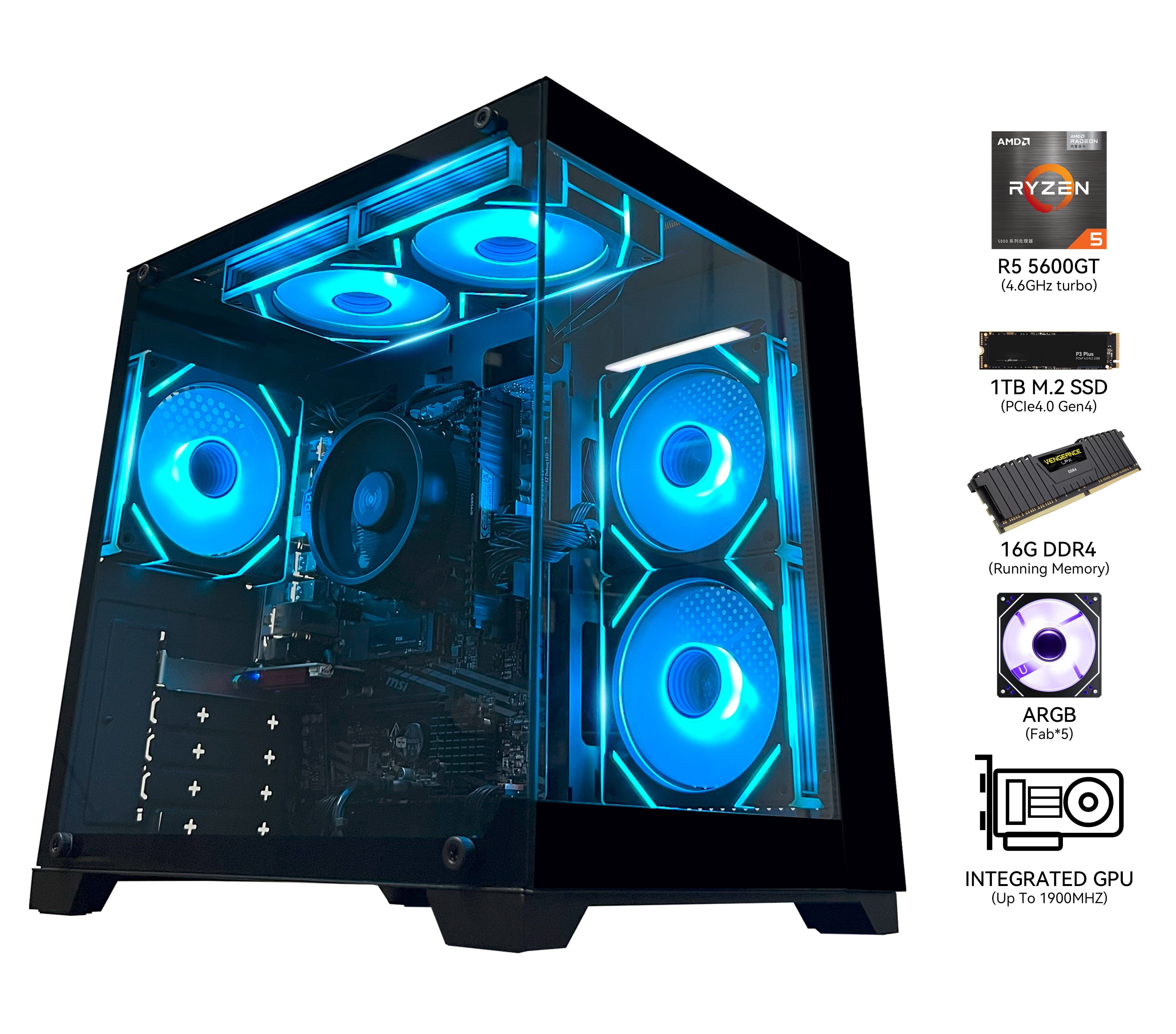 YAWYORE Gaming PC Desktop Computer,AMD Ryzen 5 5600GT,16GB RAM 512G M.2 NVMe Wi-Fi+BT,Game Design Office console,Sea View Room,Prebuilt