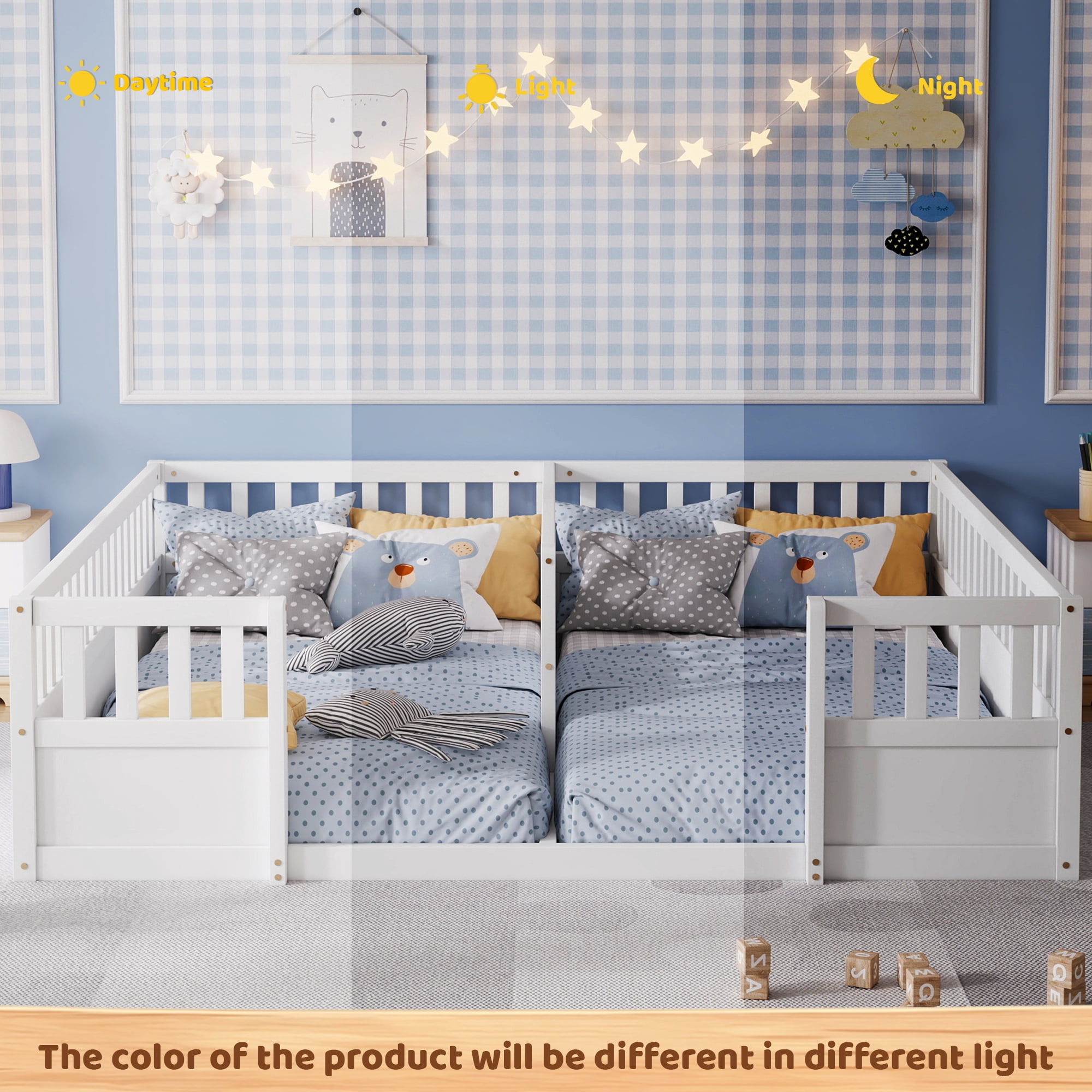 Double Twin Floor Bed 81.2 Inch, Pine Wood Bed Frame with Semi Enclosed Guardrails for Two Kids, White