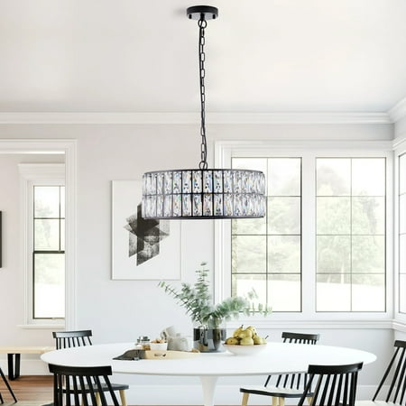 

Modern Crystal Drum Chandelier 6-Light Black Metal Pendant for Dining Room & Living Room