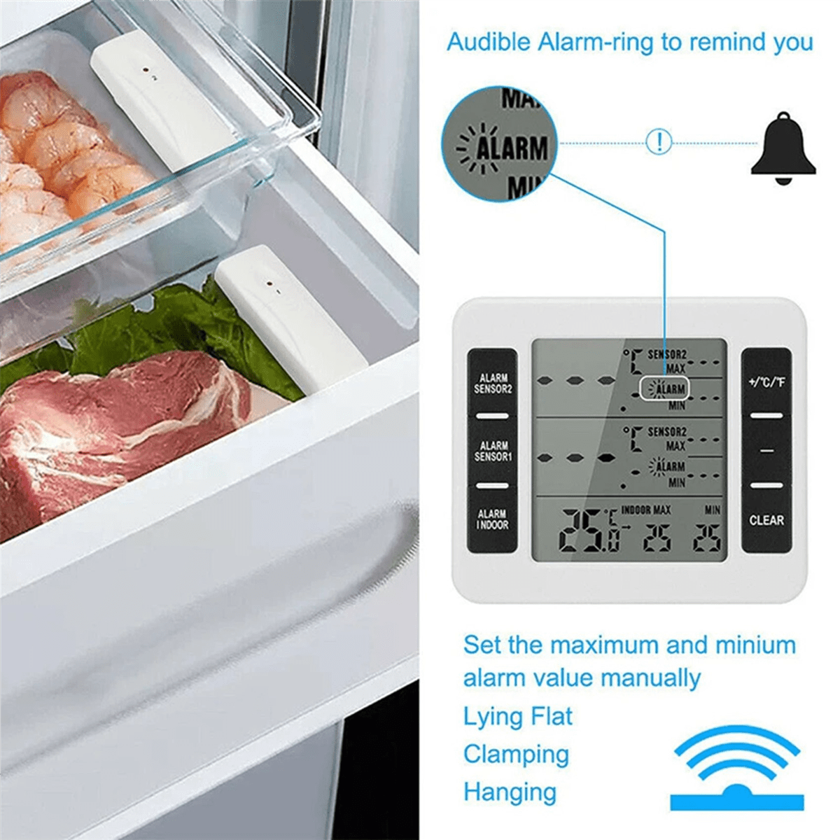 2Set Wireless Freezer Thermometer 2 Remote Sensors Alarm Low Temperature Refrigerator Thermometer Clock,2 x Freezer Thermometer 4 x Remote Sensor,White