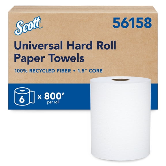 Scott Professional Universal 100% Recycled Fiber Hard Roll Paper Towels, Bulk (56158), Hardwound 1.5" Core, Absorbency Pockets, Compressed, White (6 Rolls at 800' Each, 4,800'/Case)
