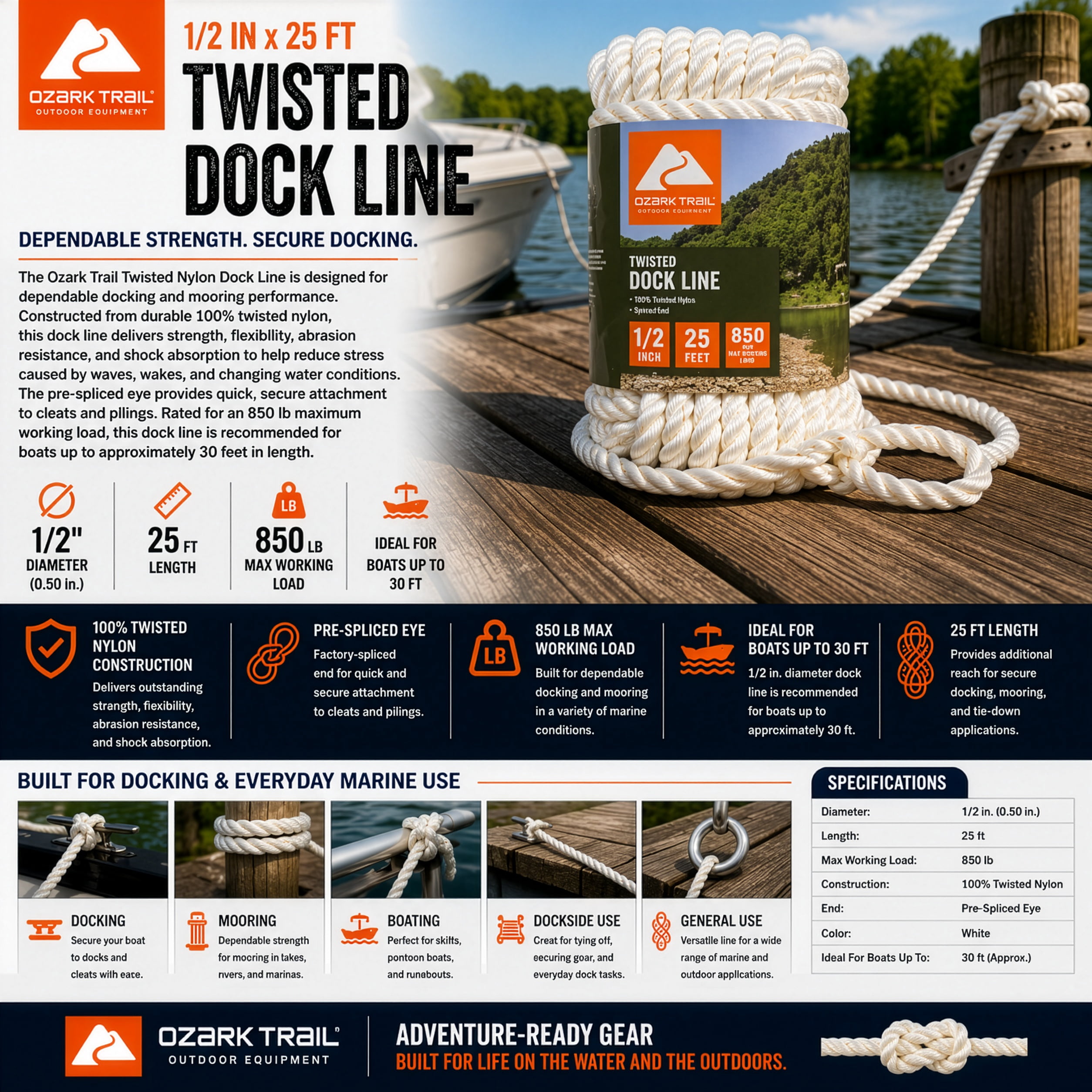 Ozark Trail Twisted Nylon Marine Dock Line, 1/2 in x 25 ft, White, Spliced End, 850 lb Maximum Working Load