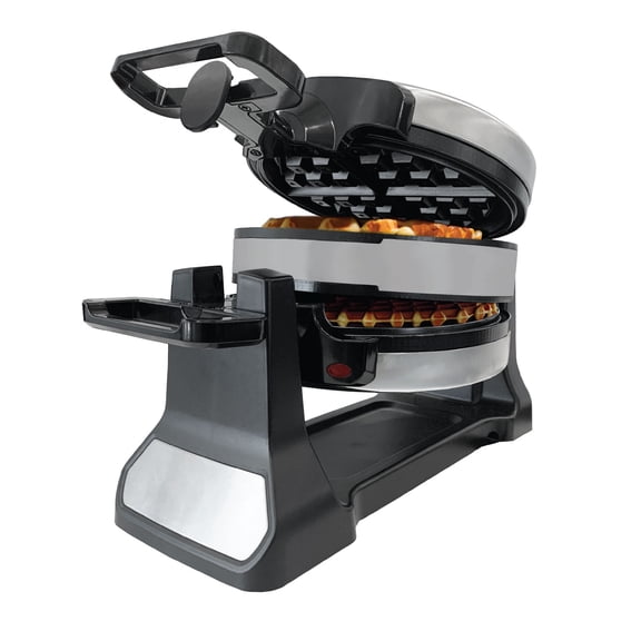 JS Gourmet 1400W Double Belgian Waffle Maker with 180° Rotation, Handle Lock, Red Light Indicator, 8" Plates and Drip Tray