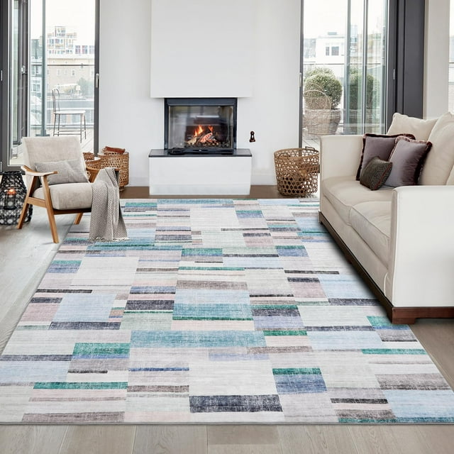 Contemporary Washable Rug 9x12, Modern Abstract Non-Slip Low Pile Area Carpet for Living Room & Bedroom