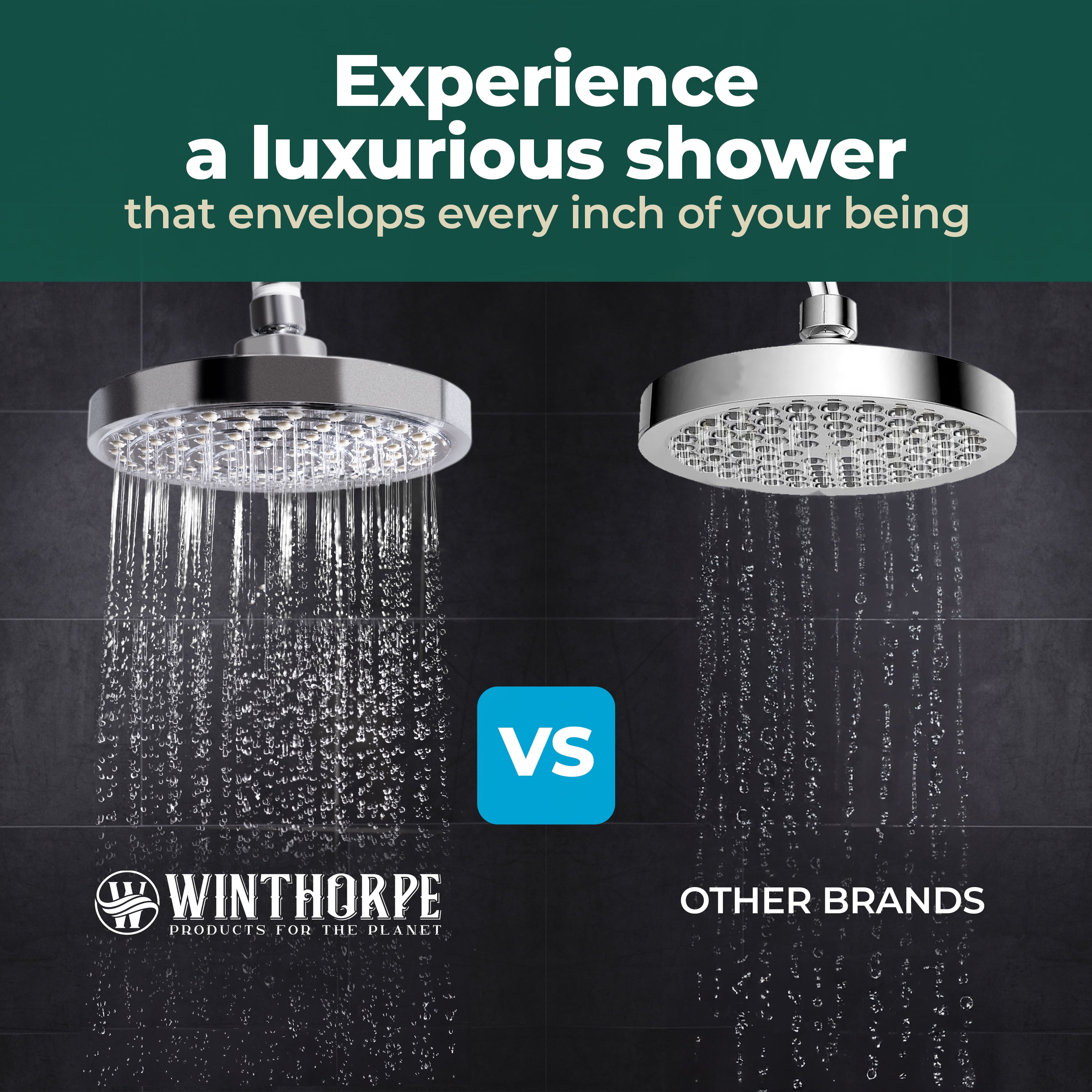 Winthorpe Conservation Rain Shower Head, High Pressure, Matte Black, Round, Fixed, 360 Degree, Low Flow, 1.8 GPM Water Saving, Rainfall Showerhead