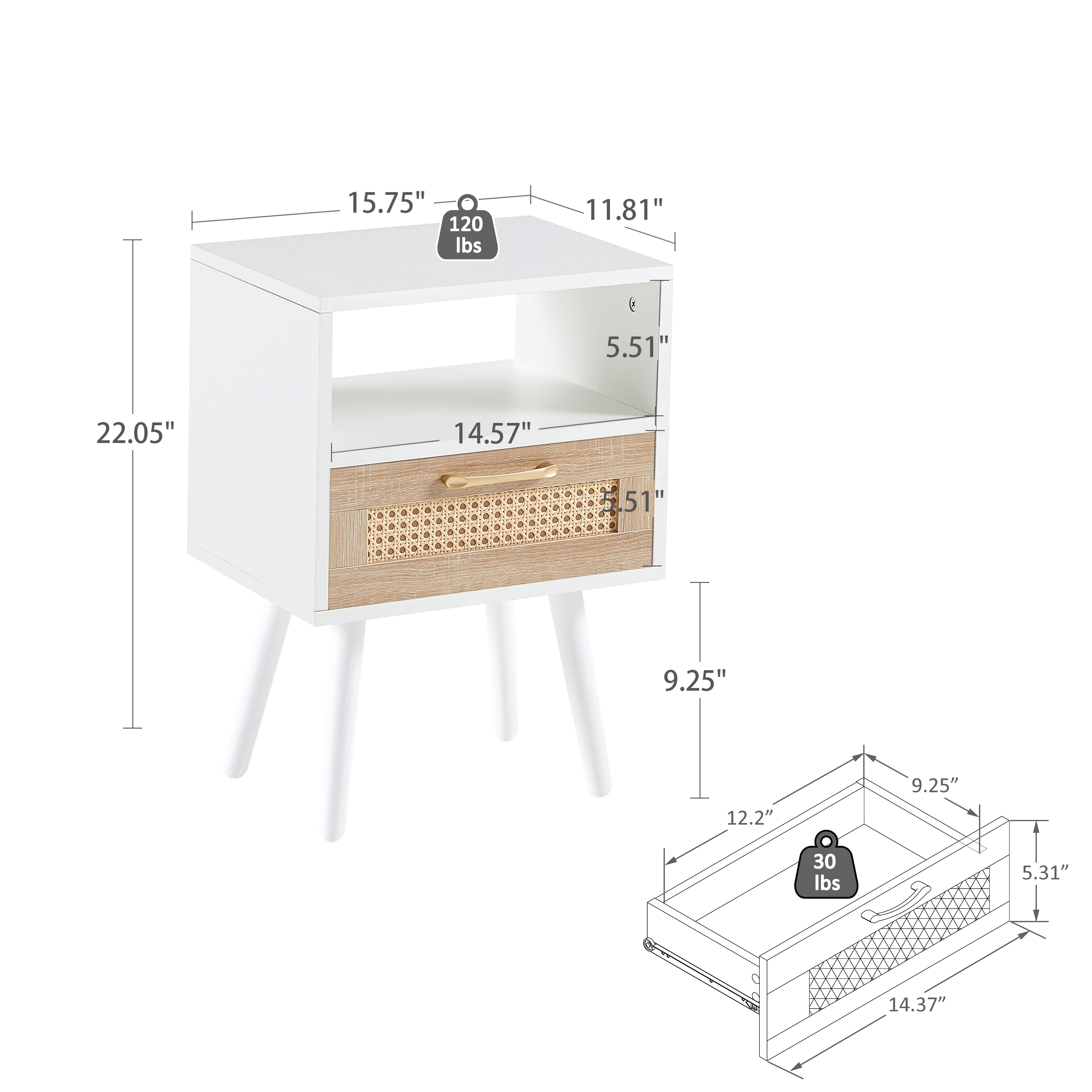 15.75-Inch Rattan End Table with Drawer and Solid Wood Legs, Modern Nightstand Bedside Side Table with Storage Drawer, Rectangle Accent Table for Living Room Bedroom, White