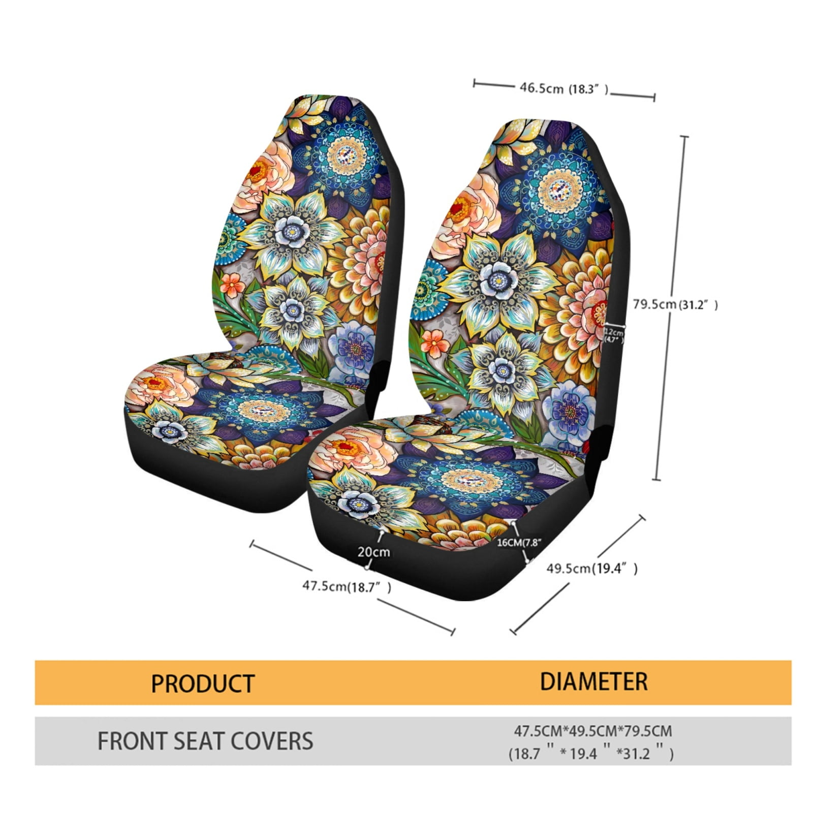 Xoenoiee Boho Mandala Flowers Pattern 2 Piece Car Seat Cover for Women Men, Breathable Car Seat Covers Universal Fit Soft Auto Bucket Seat Protector Seat Covers