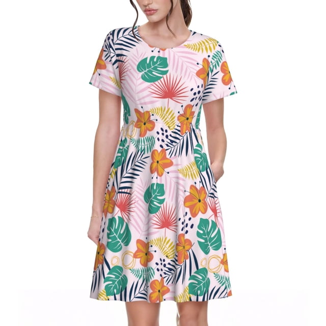 Disketp Tropical Plants para Vestido de Manga Corta para Mujeres, Vestidos de Verano para Mujeres, Casual y Holgado para la Playa