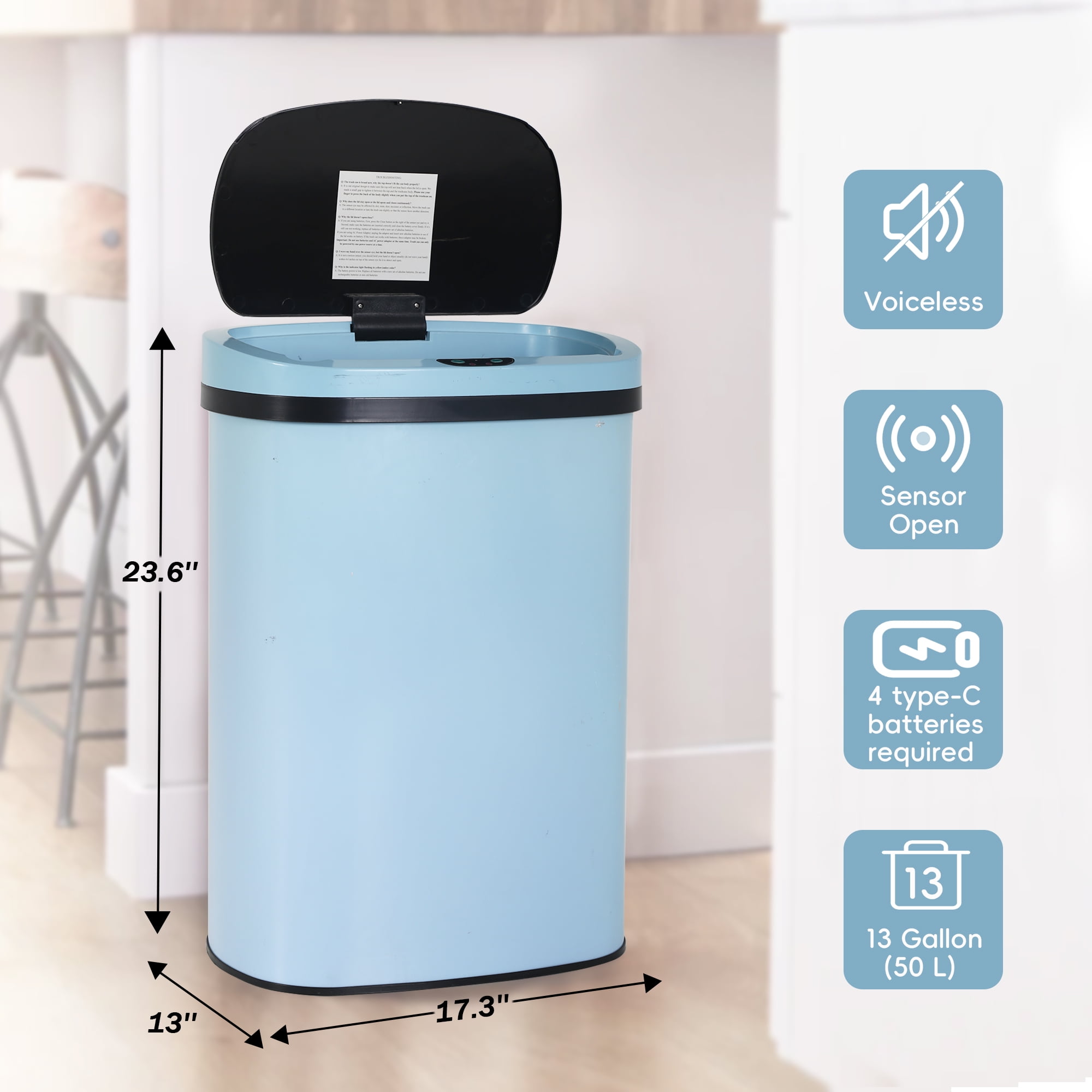 Touch Free Stainless Steel Trash Can 13 Gallon for Kitchen, Automatic Garbage Can with Lid Trash Bin for Bathroom Kitchen Wastebaskets for Bedroom Auto Open Trash Cans Motion Sensor, Blue