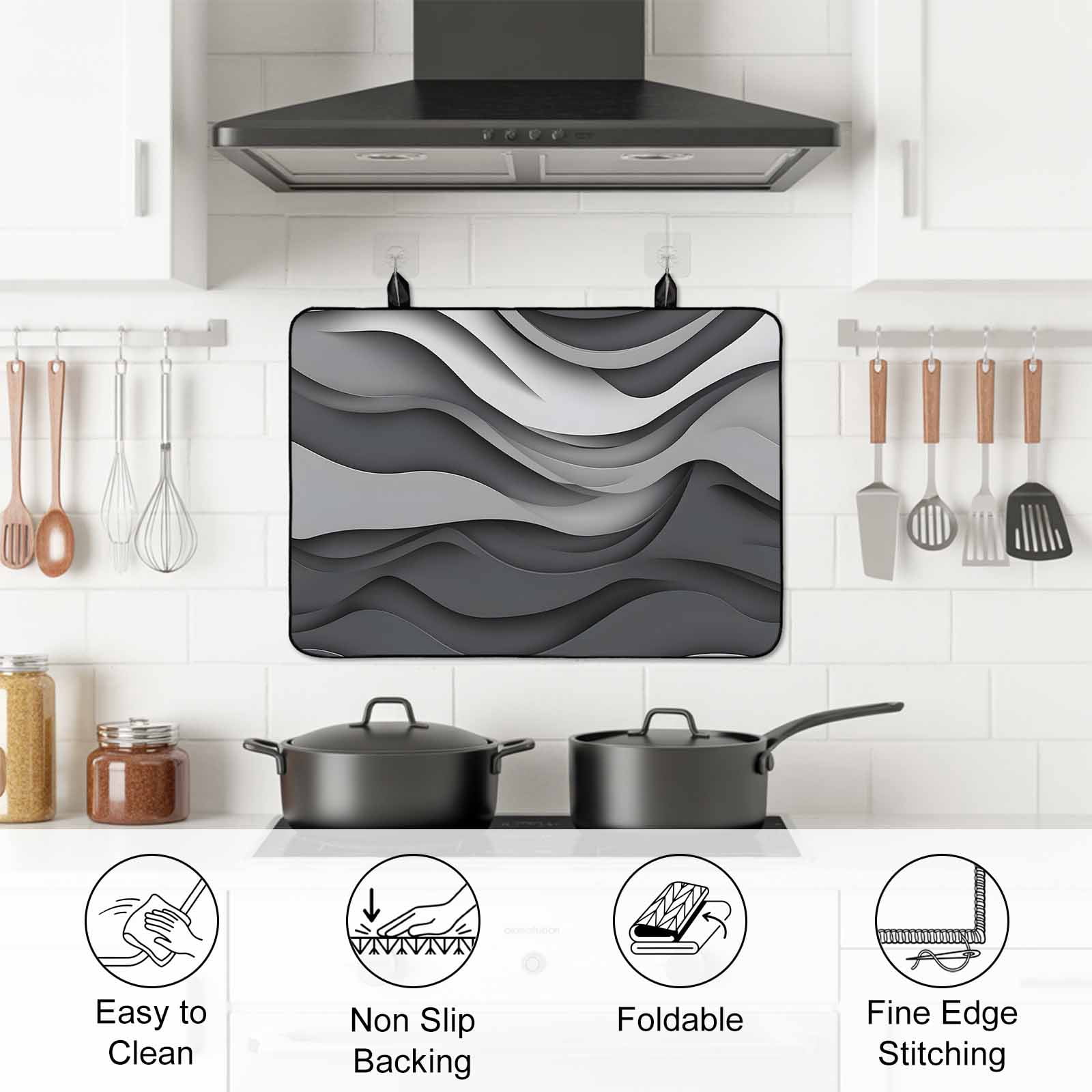 Black Grey Ombre Stove Top Cover for Electric Stove, Heat-proof & Non Slip Glass Top Stove Cover Protector, Modern Geometric Abstract Moire Art Kitchen Flat Cooktop Rubber Mat 24x21 Inches