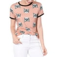 thumbnail image 1 of INSPIRE CHIC Women's Short Sleeve Contrast Cartoon Cats Pet Print Tee Ringer T-Shirt Tops M Pink, 1 of 6