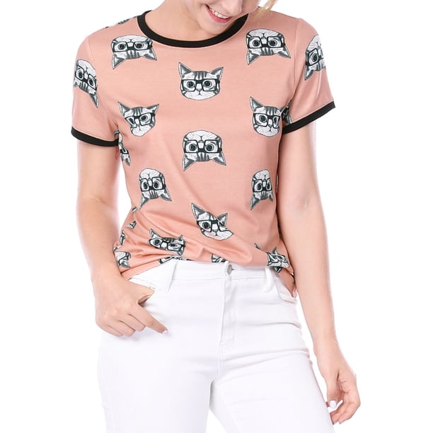INSPIRE CHIC Camiseta de Manga Corta con Contraste de Gatos de Dibujos Animados para Mujeres, Estampado de Mascotas, T-Shirt Ringer, Tallas M Rosa