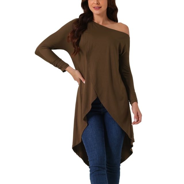 INSPIRAR CHIC Blusa Casual de Una Sola Manga Larga Asimétrica con Dobladillo Irregular Color Marrón Oscuro Talla S