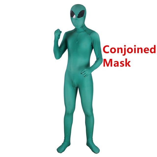 disfraz de cosplay et alien unisex, mono con máscara para niños y adultos, traje zentai para fiesta de halloween, uniforme — Vista frontal de cuerpo entero de mono zentai verde en spandex con máscara integrada; silueta ajustada que cubre manos y pies, ojos alienígenas negros reflectantes y costuras visibles en hombros, fondo blanco de estudio. Tallas S–3XL, 1 mono incluido; a menudo usado también para presentaciones de cosplay y sesiones fotográficas temáticas.