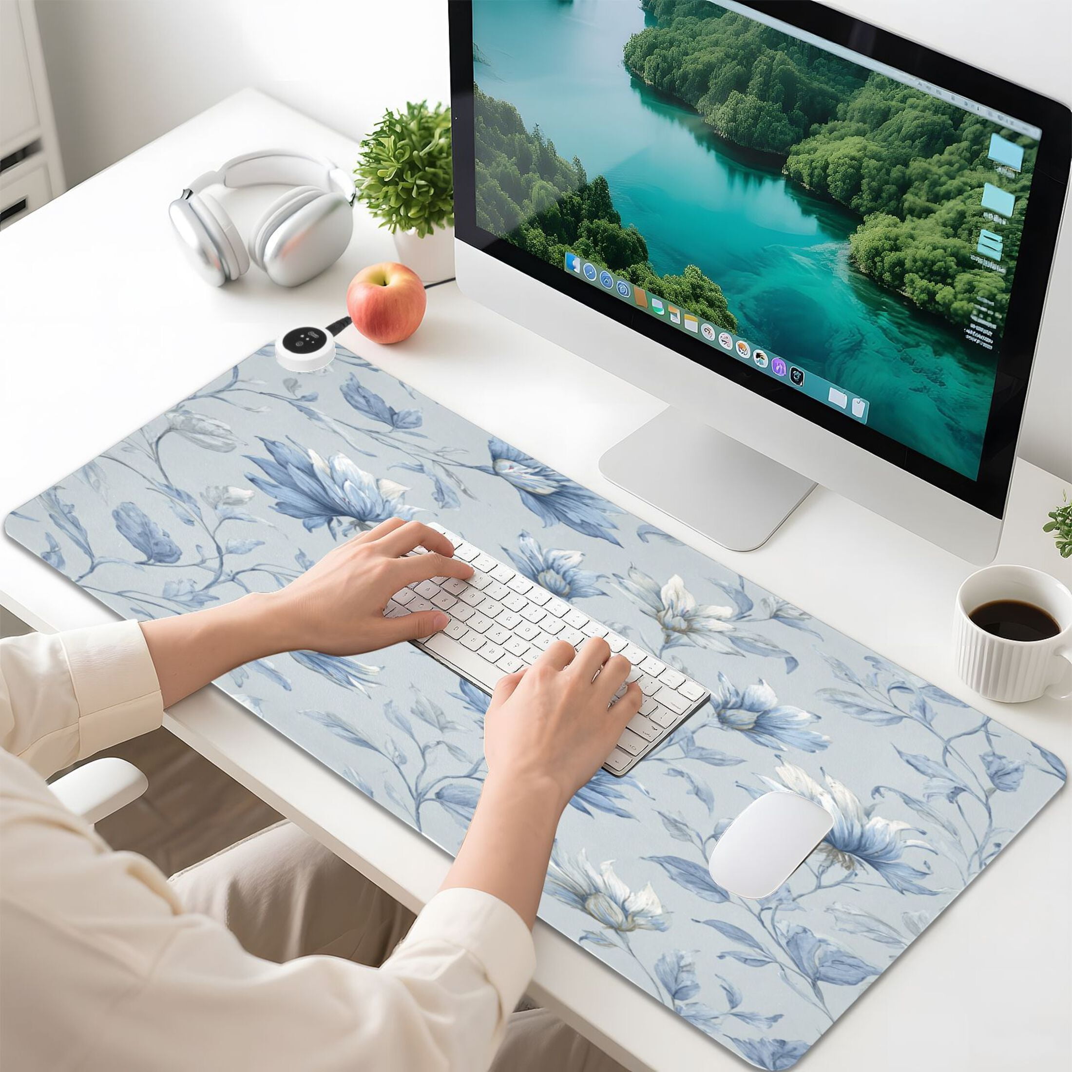 Large Heated Desk Mat Mouse Pad 31.5"x13"PU Leather Graphene Heating Desk Warmer with 3 Temperature Settings 110V US Plug Non-Slip Warm Pad for Home, Office, and Gaming Exquisite Blue Peony Design