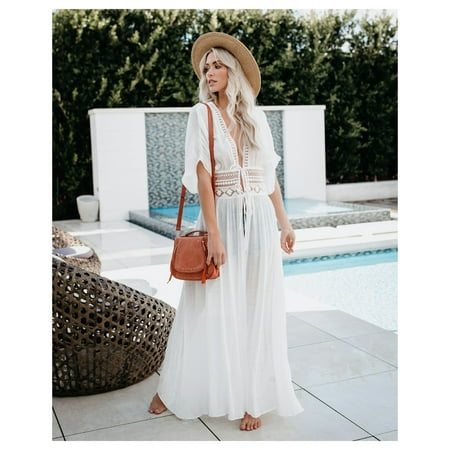White Lace See Through Swim Cover-Up Wrap Maxi Wrap Swim Dress - Robe - Swimwear