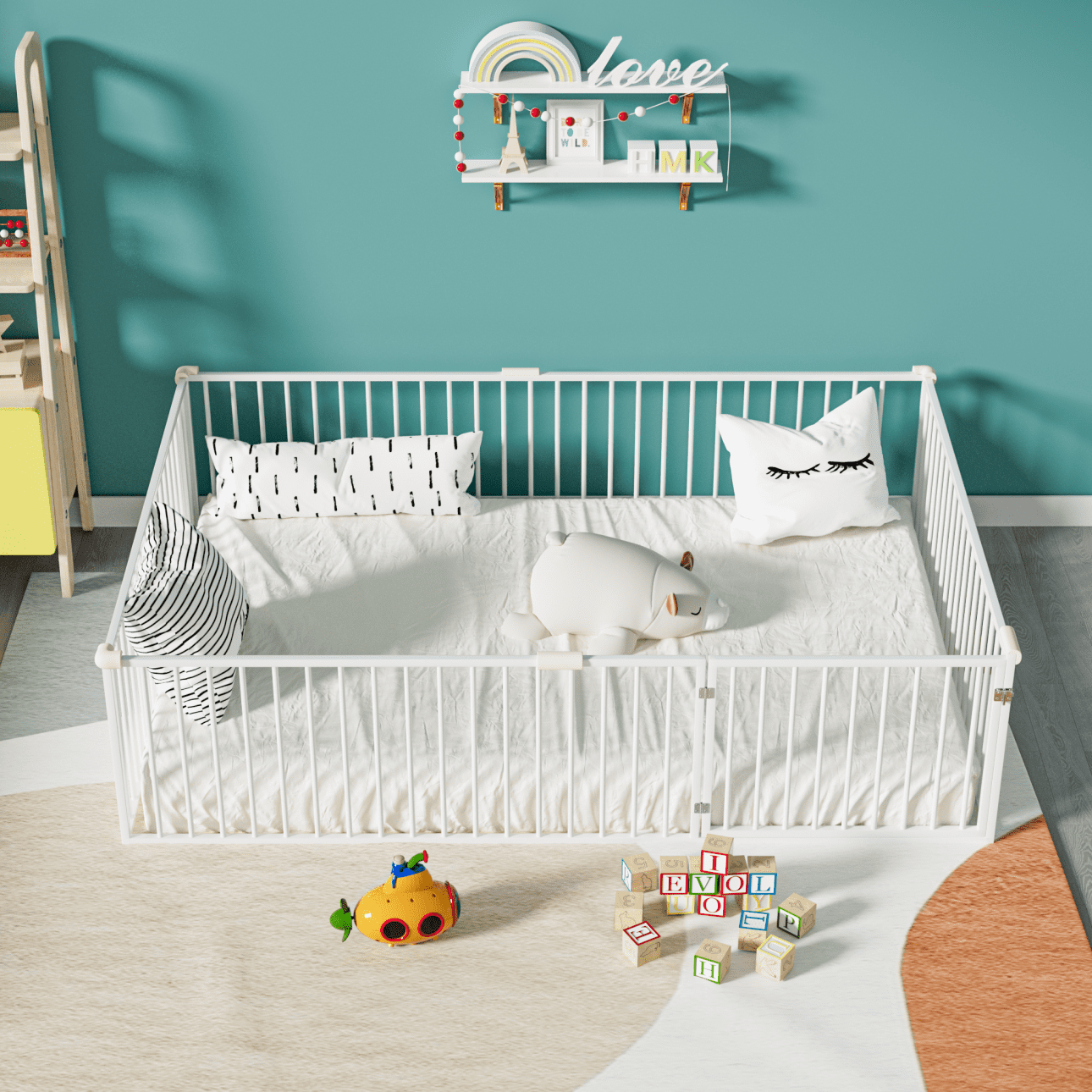 Full Montessori Floor Bed with 20.6" High Safety Fence & Anti-Collision Cotton, Durable Metal Frame for Toddlers' Sleep & Play, White