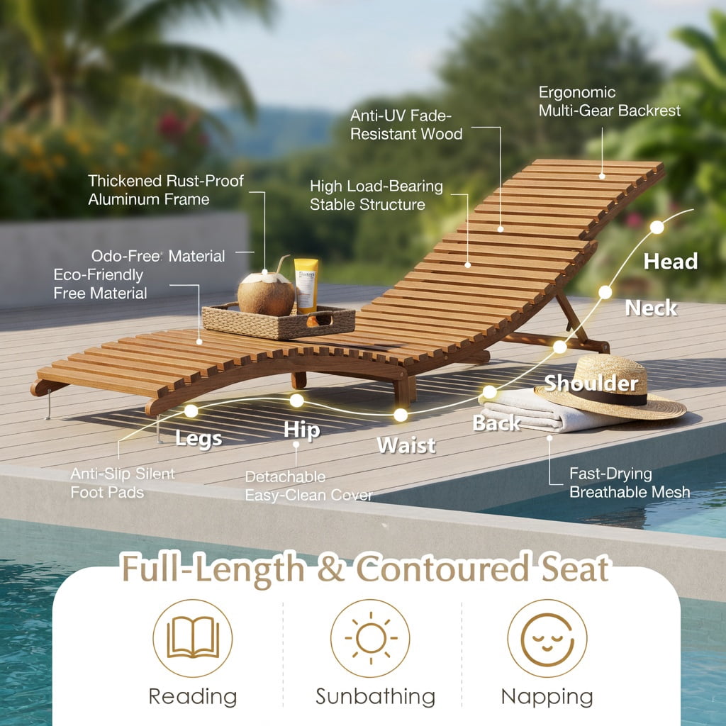 Hommoo Teak Wood Folding Chaise Lounge Chair for Patio, Backyard & Poolside, Slatted Design, Easy-Store Outdoor Recliner, Natural