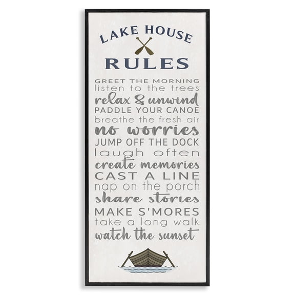 Stupell Industries Fun Lake House Rules Signs and Rules Painting Black Framed Art Print Wall Art, 10 x 24