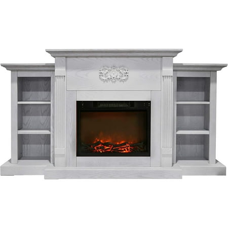 Cambridge 72-In. Sanoma Electric Fireplace in White with Built-in Bookshelves and a 1500W Charred Log Insert