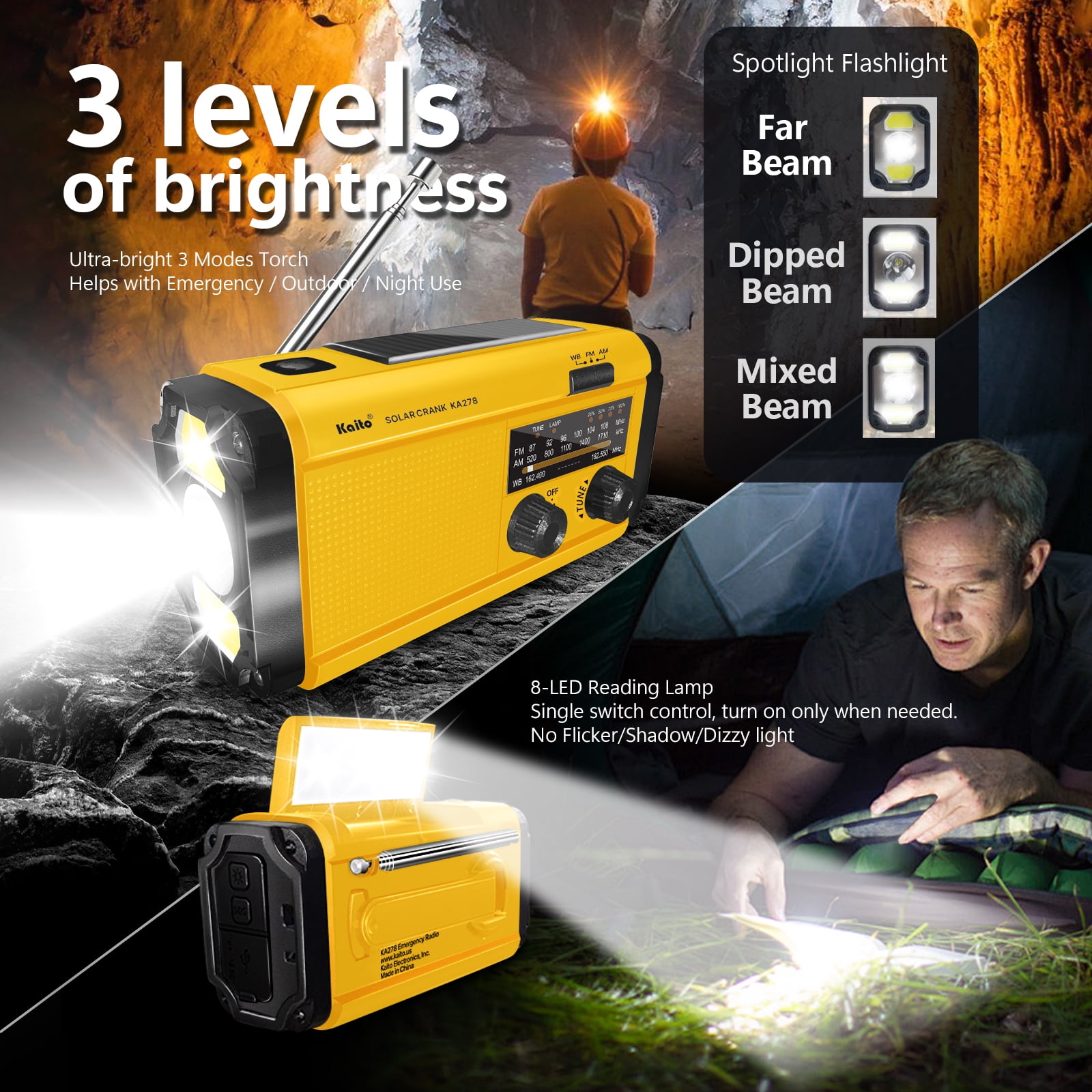 Kaito KA278 Emergency AM/FM NOAA Radio Solar Crank, Yellow