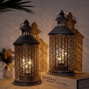 JHY DESIGN Set of 2 Battery Powered Outdoor lantern, Vintage Metal Lamp with LED Edison Bulb (Bamboo Leaves)