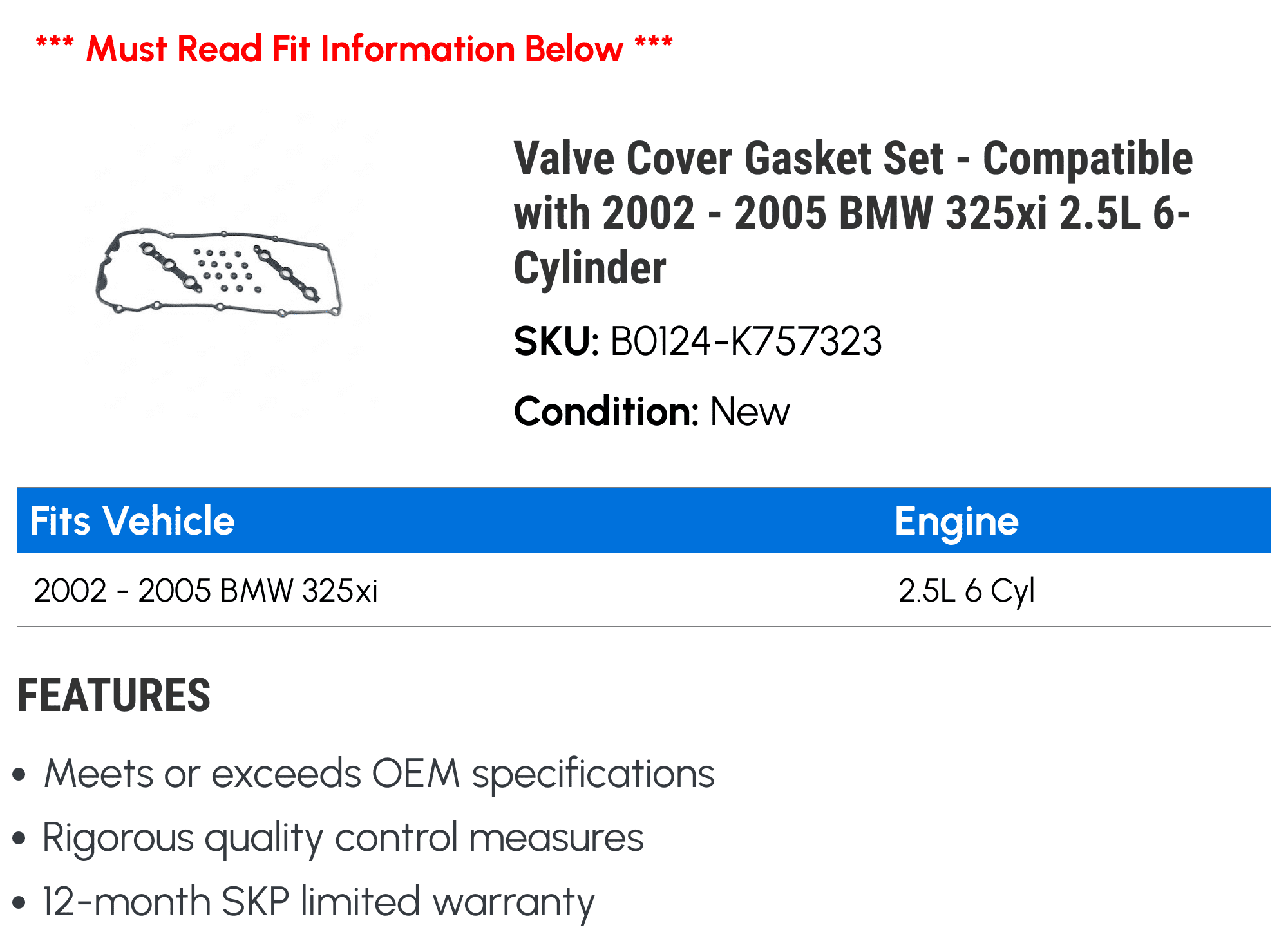 Valve Cover Gasket Set - Compatible with 2002 - 2005 BMW 325xi 2.5L 6-Cylinder 2003 2004