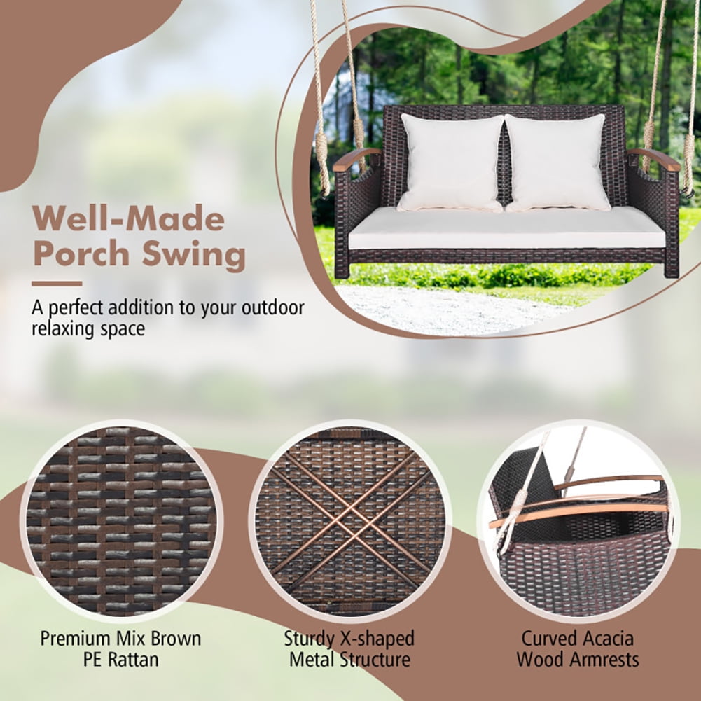 Aimee Lii 2-Person Patio Rattan Porch Swing, Swing Chair Outdoor