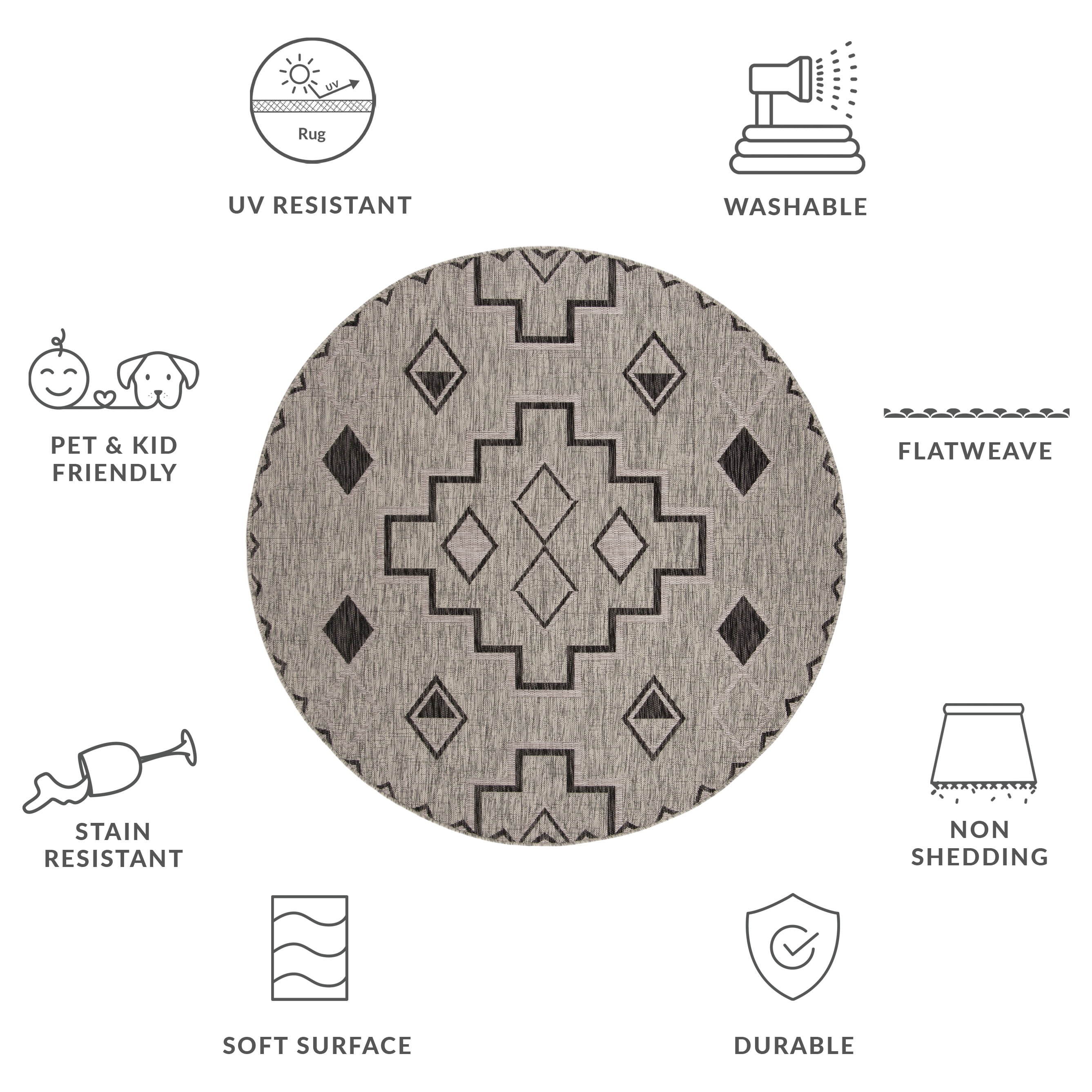SAFAVIEH Courtyard Floella Geometric Indoor/Outdoor Area Rug, Grey/Black, 5'3" x 5'3" Round