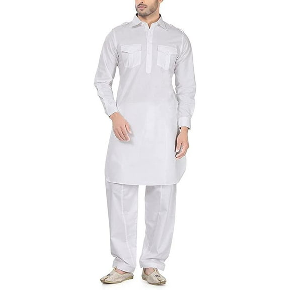 Royal Men's Linen Cotton Pathani Suit Set's (40, White)