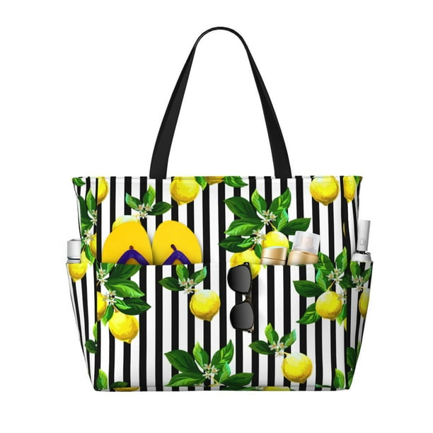Easygdp Lemons on Striped Bolsa de Viaje de Playa de Gran Capacidad, Bolsa Tote Perfecta para la Playa, Escapadas de Fin de Semana y Viajes