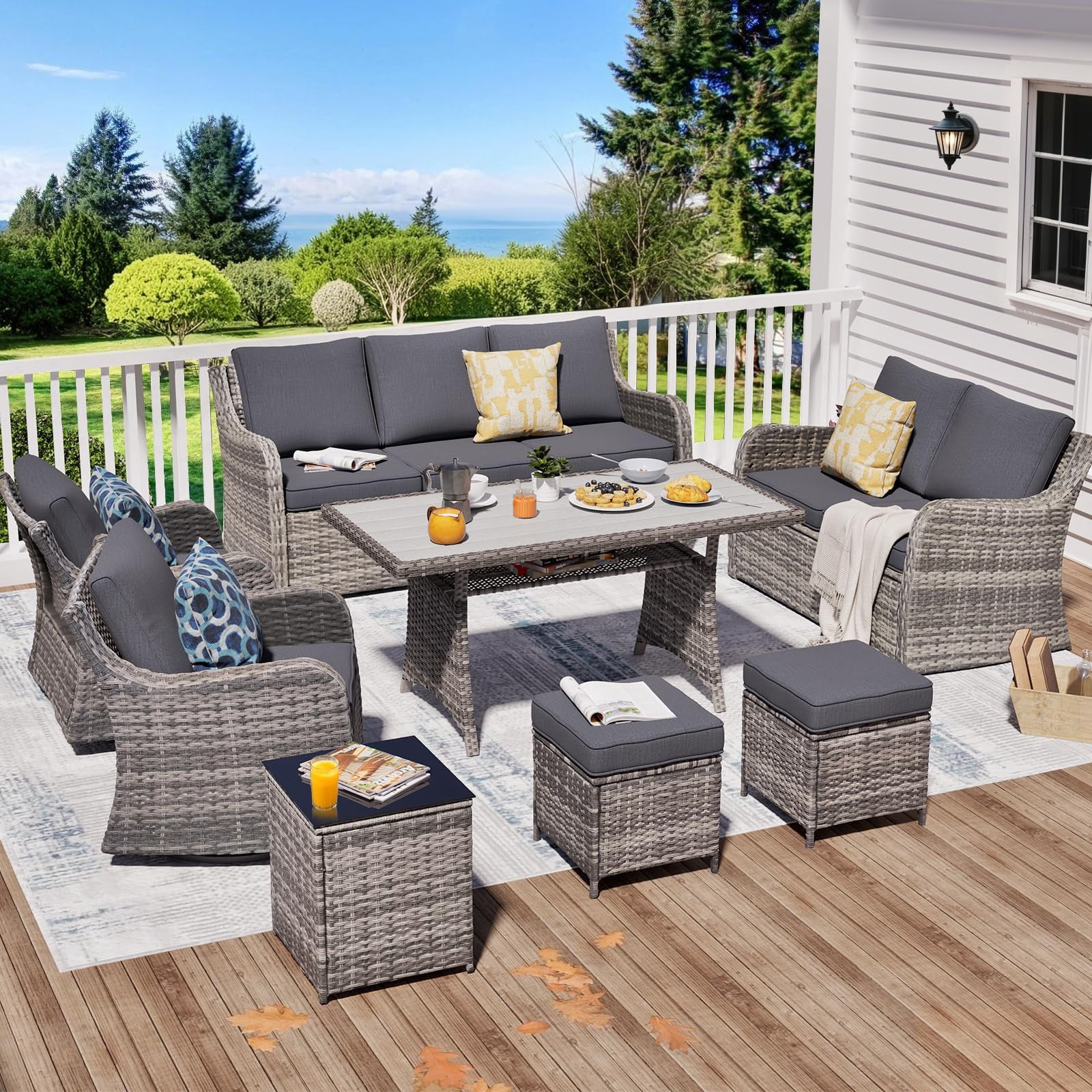 MEISSALIVVE 8 Pieces Patio Furniture Set with Dining Table, Outdoor Wicker Conversation Set with 3-Seat & 2-Seat Sofas, Wicker Armrest Swivel Chairs, 2 Ottomans, Gray
