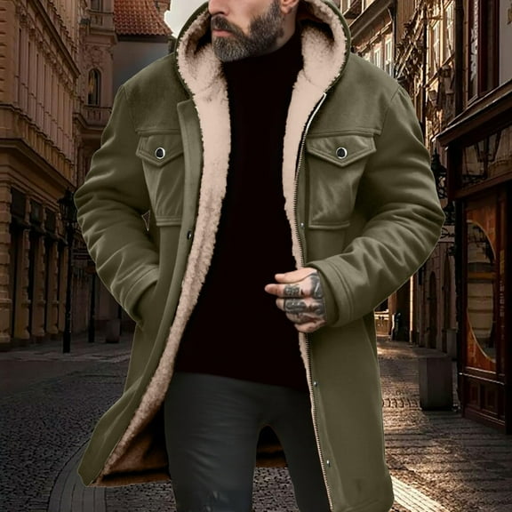gbyLJF Men's Fleece Lined Hooded Overcoats Long Sleeve Solid Color Jackets Long Zipper Button Down Casual Coat Winter Outwear