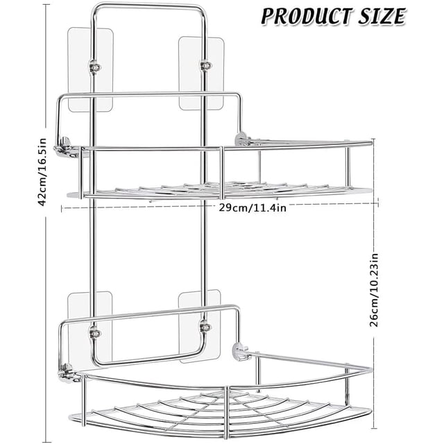 2 Tier Triangular Shower Caddy Shelf Bathroom Corner Bath Rack Non-drilling