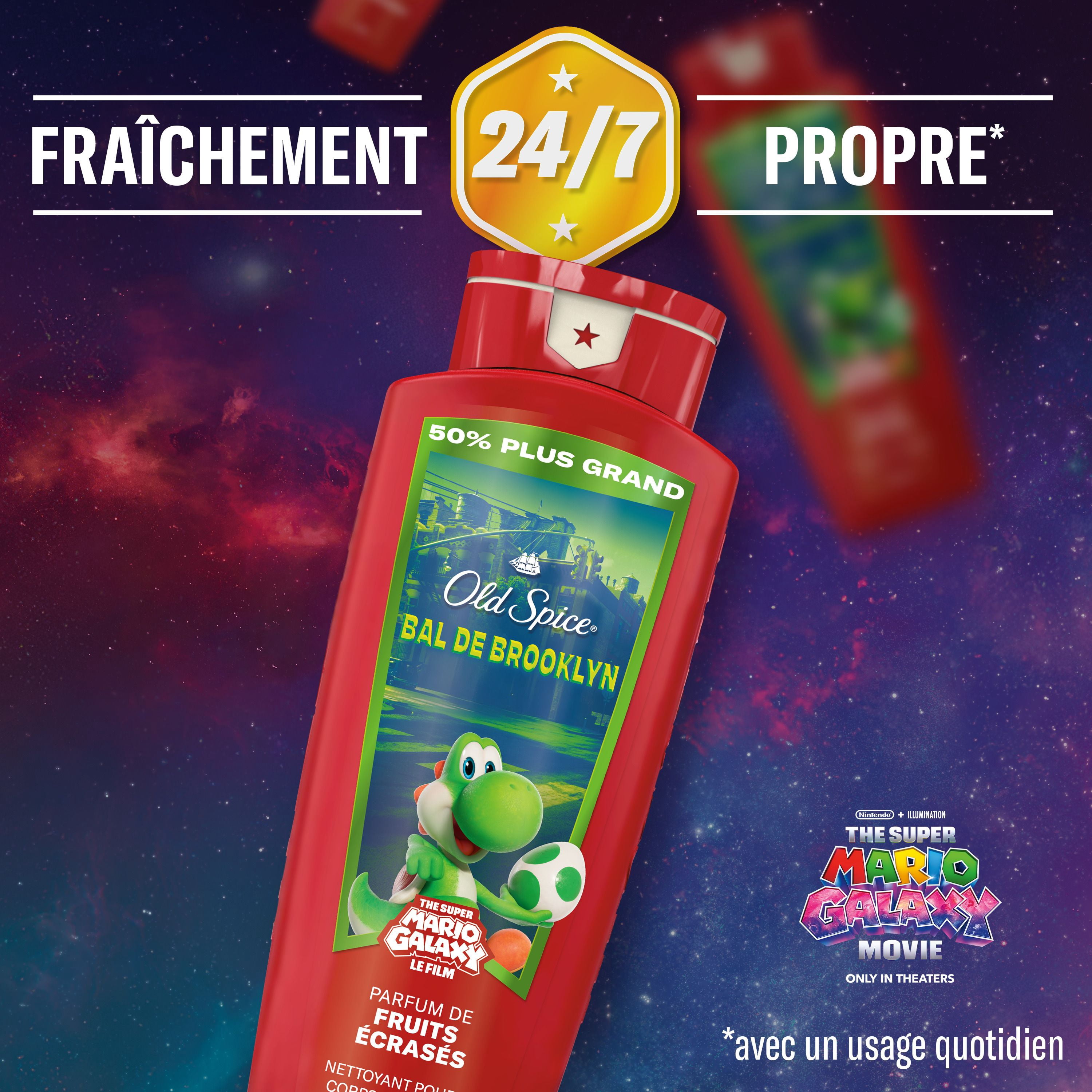 Nettoyant pour le corps Old Spice pour hommes, Bal de Brooklyn, parfum de fruits écrasés, Old Spice x The Super Mario Galaxy Movie, Fraîcheur après-lavage 24/7