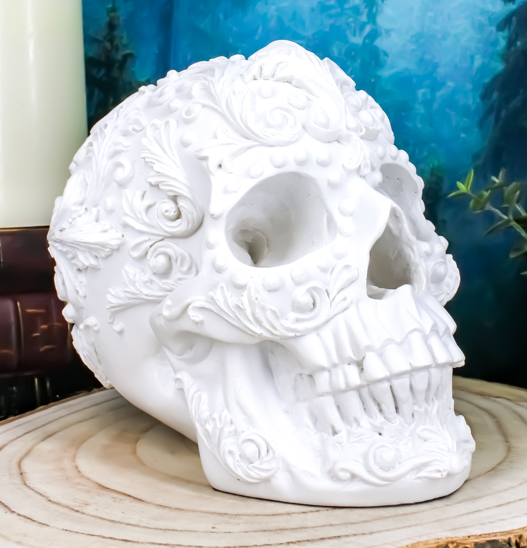 Ebros Gift Realistic Chrome Silver Bead Stone Bling Skull Figurine 6.25 L  