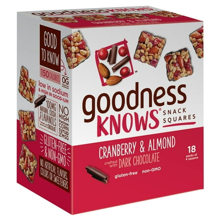 goodnessKNOWS Cranberry, Almond & Dark Chocolate Gluten Free Snack Square Bars, 18 Count