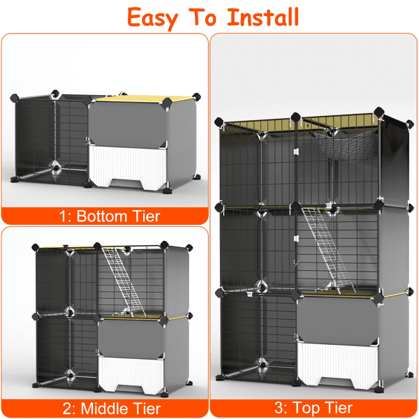 3‑Tier Multi‑Space Cat Enclosure Cage, Indoor Cat Play House with Litter Box Drawer, Reversible Hammock for Kittens, Rabbits, Chinchillas and Small Pets