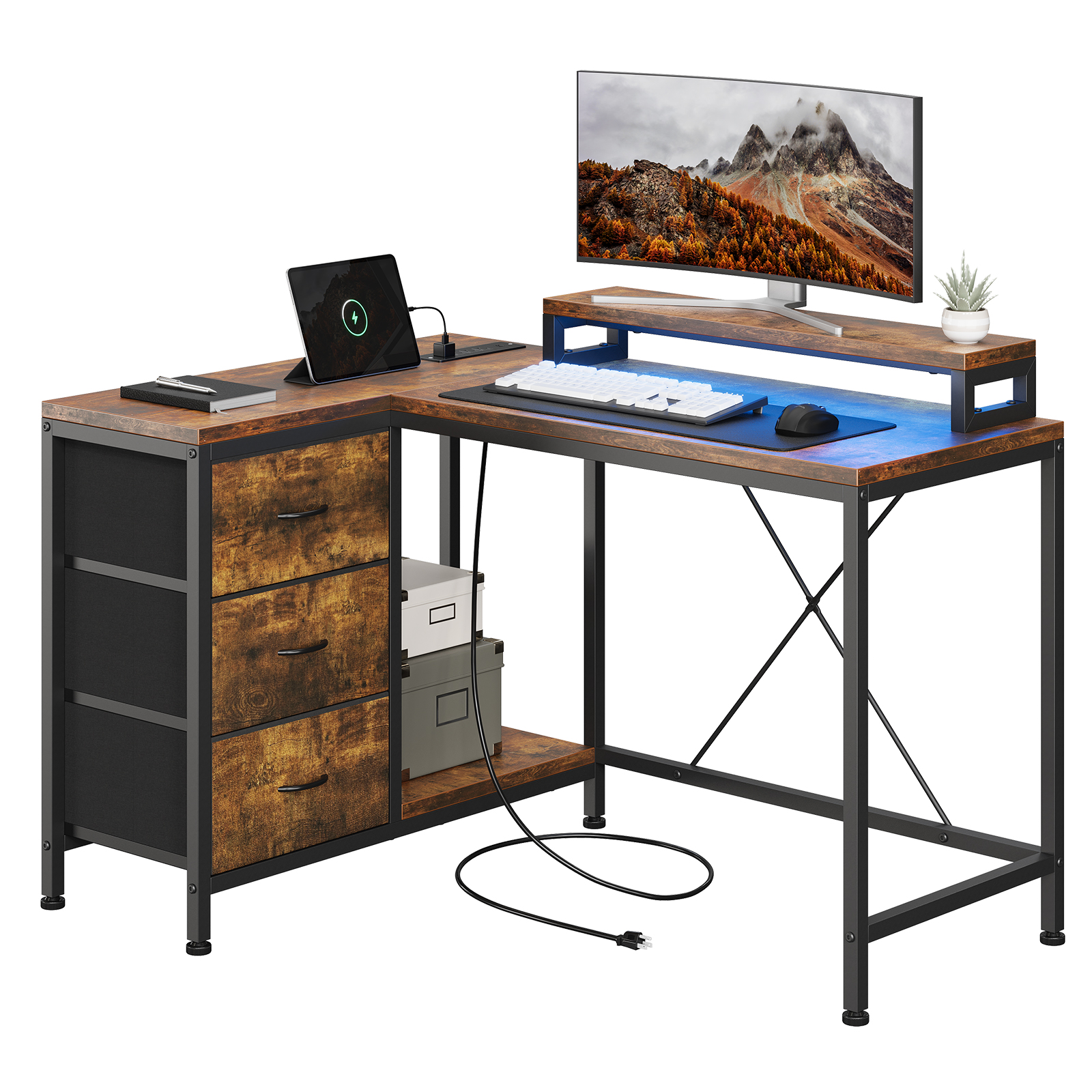 43 Inch Computer Desk With Drawers, L Shaped Desk with Power Outlets and Led Lights, Gaming Desk with Shelves and Monitor Stand