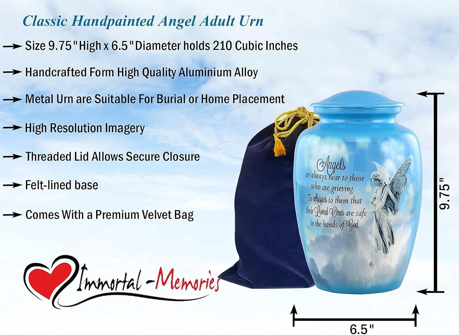 Immortal-Memories Angel Urn - Guardian Angel Cremation Urn for Ashes - Hand painted Adult Angel Urn - Angel Memorial Urn with Velvet Bag (Large)