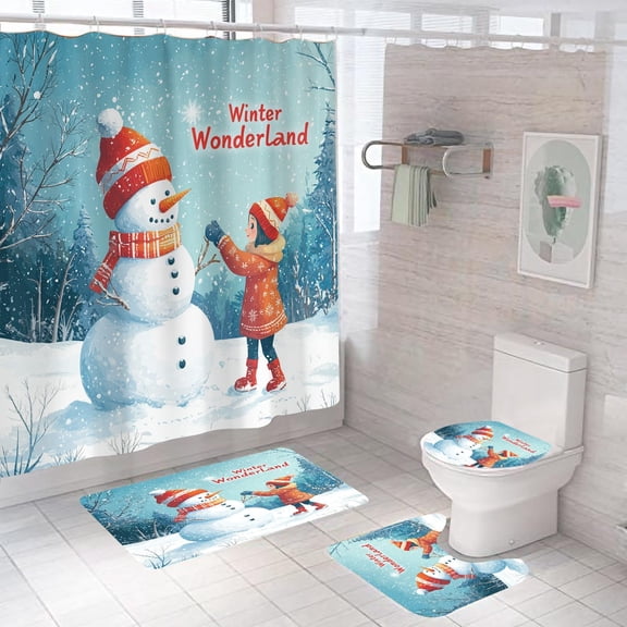 4 Pcs Cute Girl and Snowman Shower Curtain Sets with Rug, Toilet Lid Cover and Bath Mat, Christmas Shower Curtains with Hooks, White Red Bathroom Decor Shower Curtain Set