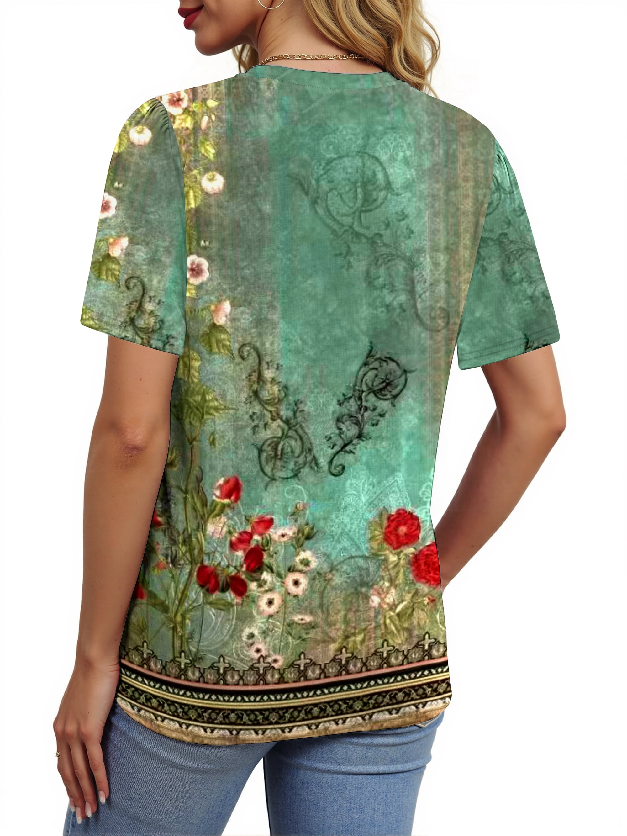 Fantaslook Womens Summer Tops Dressy Casual Short Sleeve Shirts Crew Neck Tunic Floral Blouses