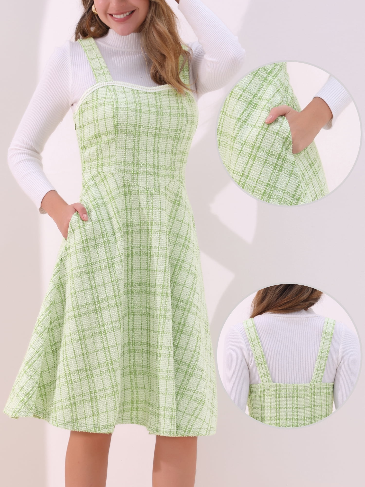 DARING DIVA Women's Sleeveless Square Neck Plaid A Line Pinafore Dresses L Green