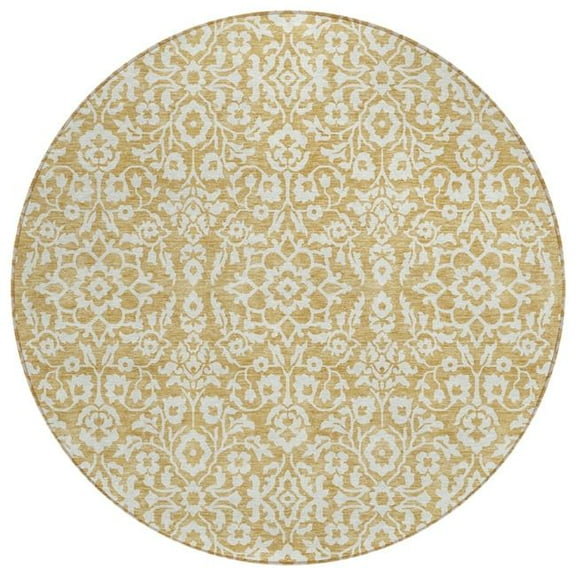 HomeRoots 595147 8 ft. Gold & Beige Round Damask Washable Indoor & Outdoor Traditional Area Rug