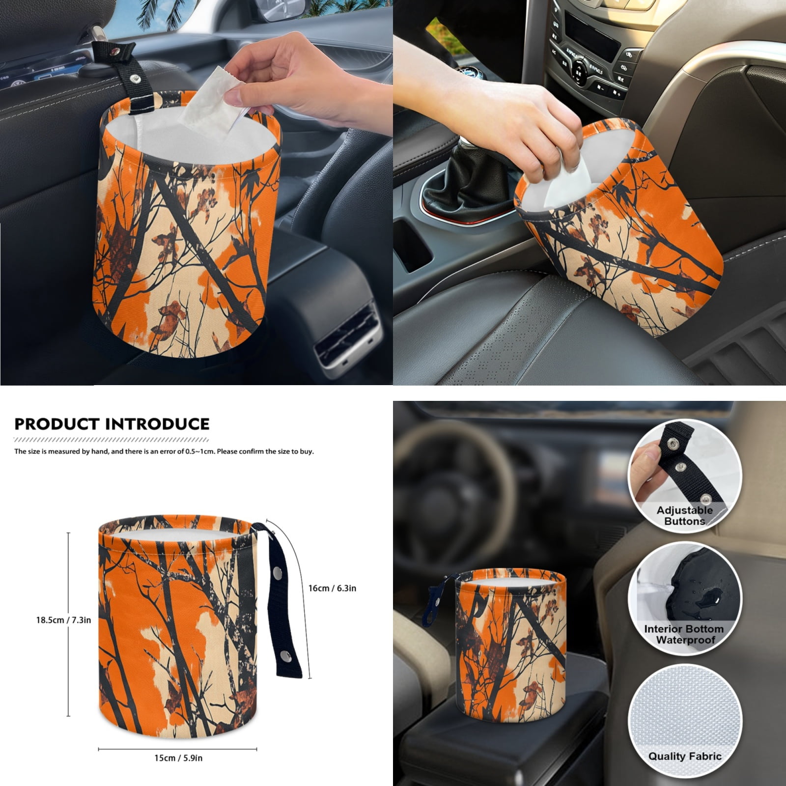 Yuyamidu Camo Hunting Car Seat Covers Full Set of 14 Orange Wood Steering Wheel Cover Seat Belt Pad Cover Waste Bin Rear View Mirror Cover Coasters Armrest Cover Handbrake Cover Set Car Decor