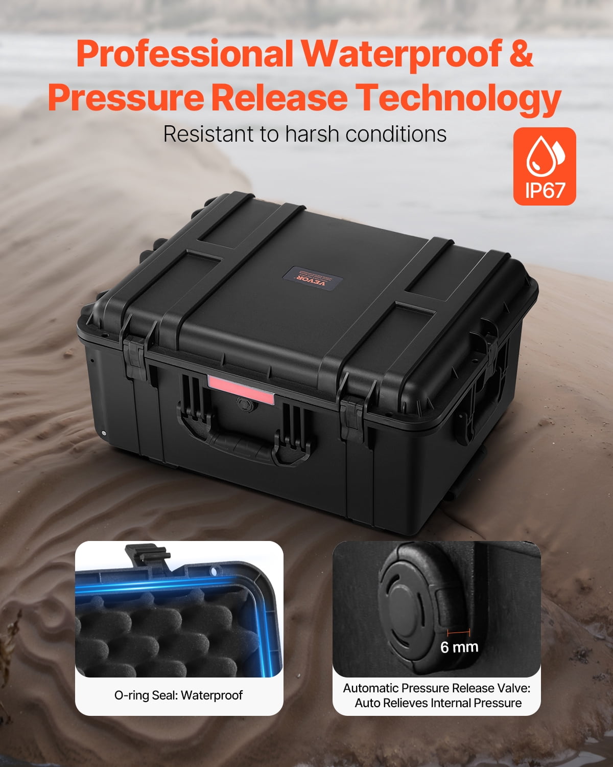 VEVOR Weatherproof Hard Case, Heavy Duty Protective Dry Box Case with Pre-Cut Foam, Wheels & Retractable Pull Handles for Travel, Hunt, Military, Tactical, IP67 Waterproof Case for Cameras(63x50x32)